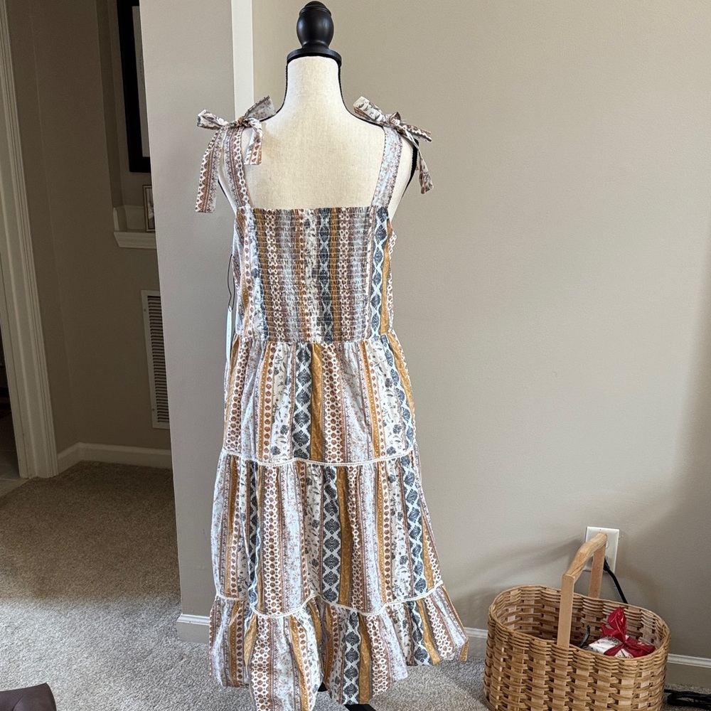 Lucky Brand Cream, Tan & Blue Tiered Midi Dress with Straps - Picture 4 of 7